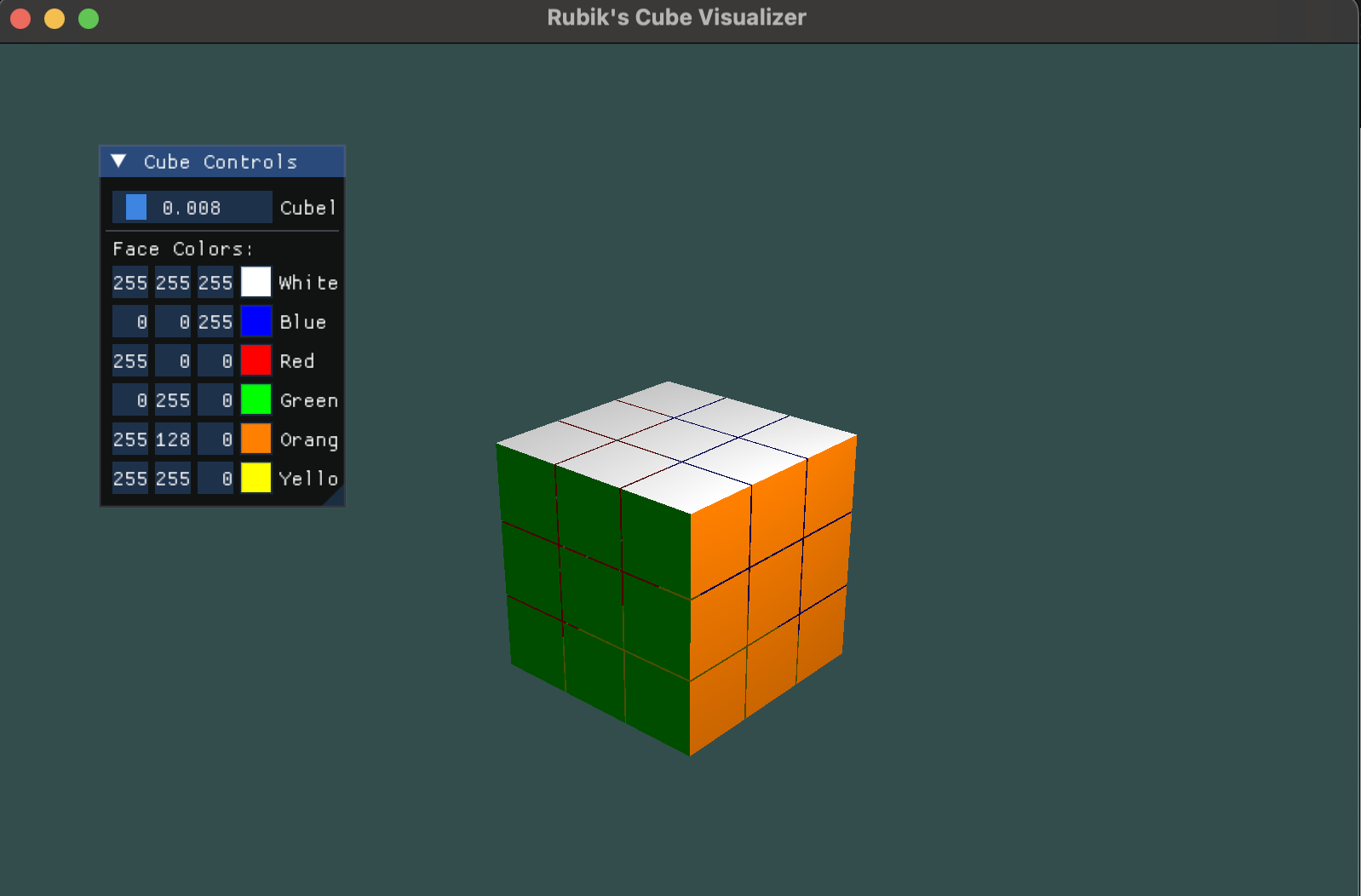 CubeSolver running in OpenGL, showing a colorful Rubik’s cube and rotation controls