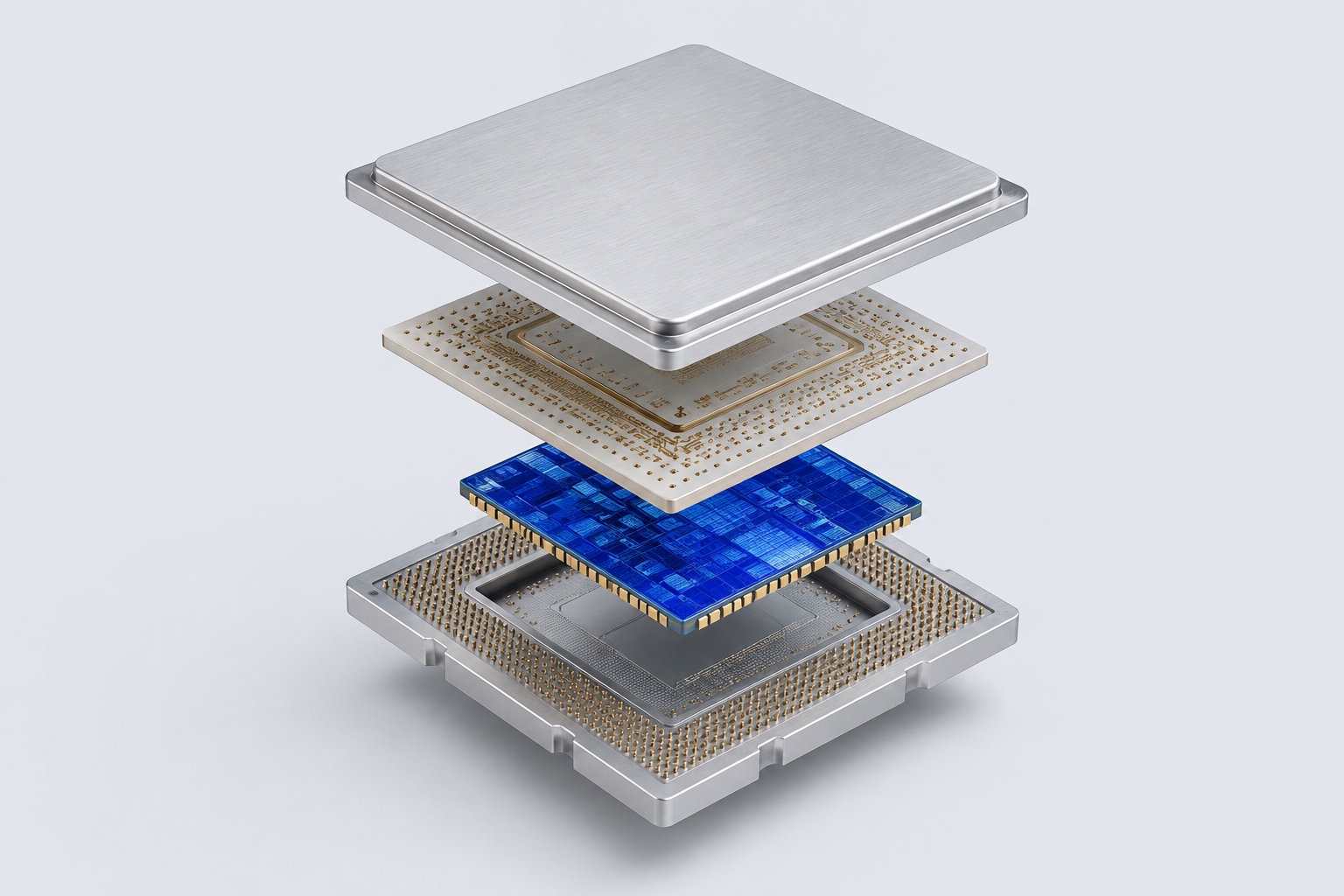 Exploded silver microprocessor assembly with a cobalt silicon core